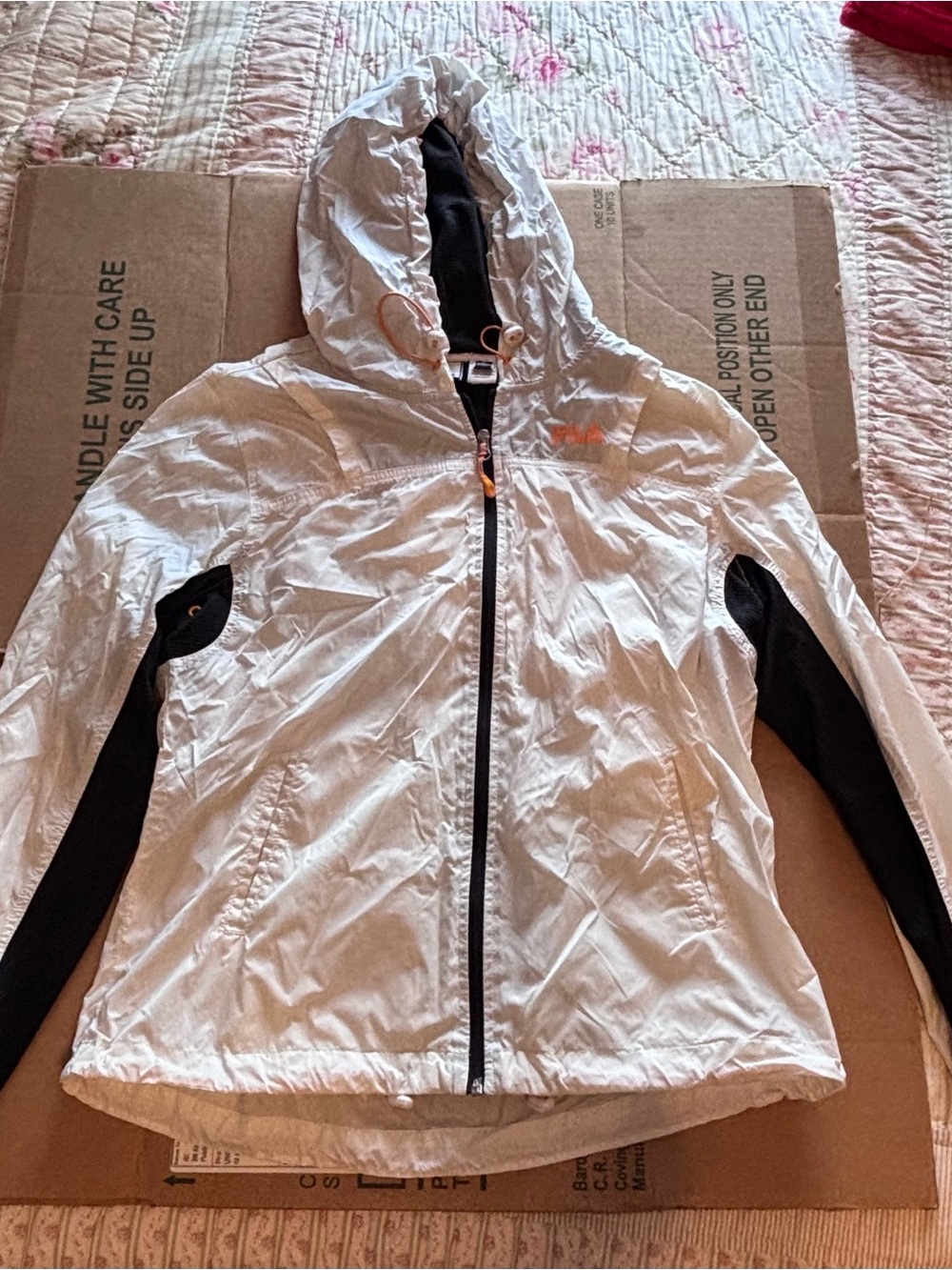 Fila White and Black Hooded Kids Rain Jacket with Orange Accents
